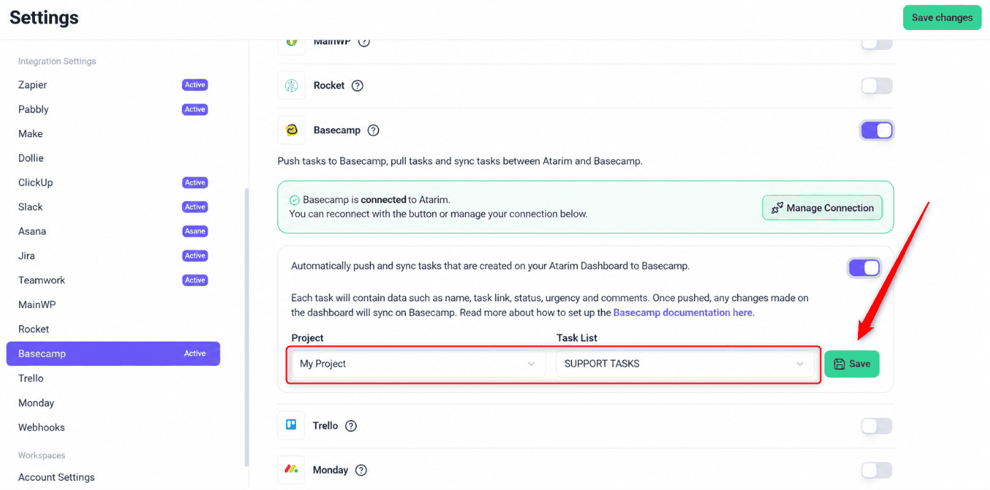 Default Basecamp destination set for Atarim tasks