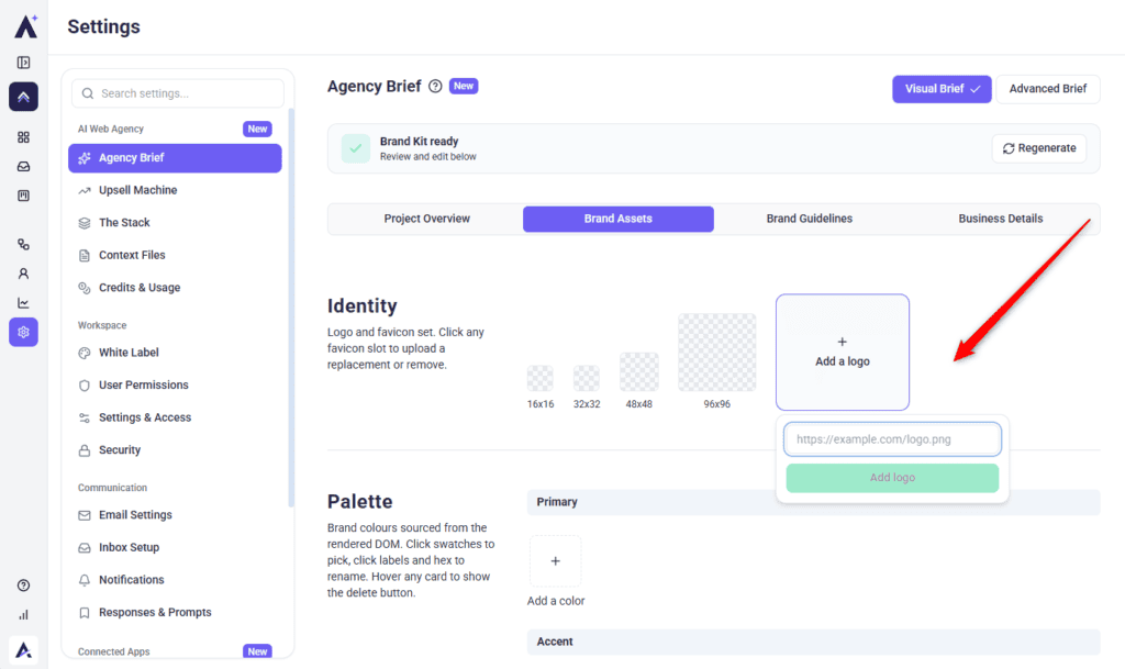 Brand Assets tab opening with identity and palette sections