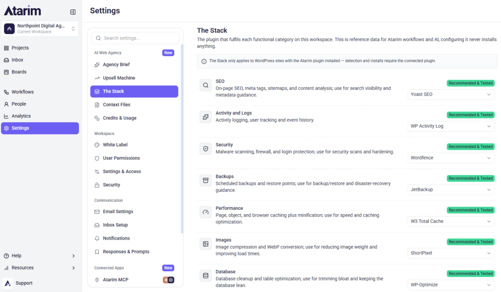 The Stack page listing functional categories with their plugins