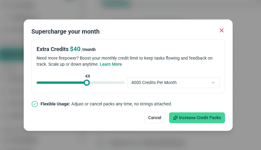 Increase Credit Packs button confirming the top-up