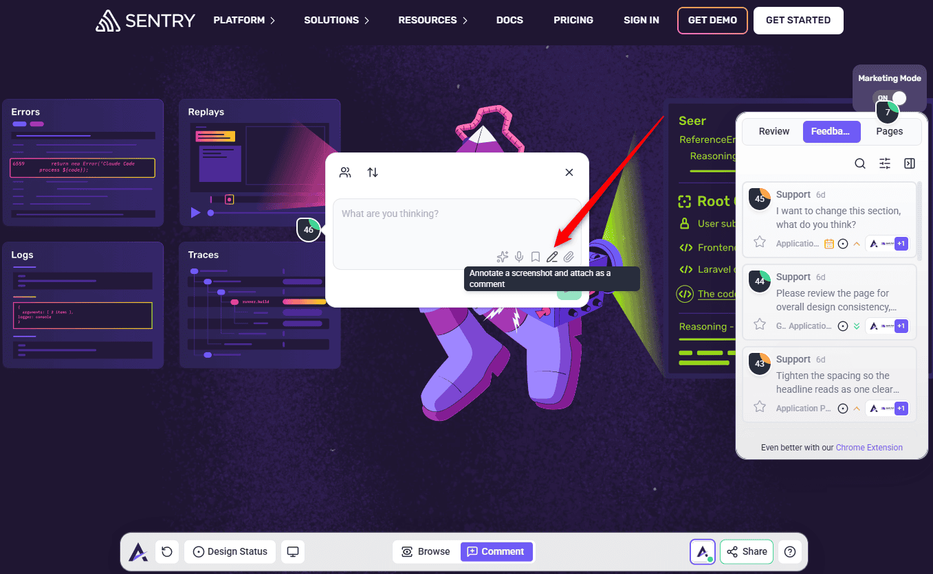 A task popover in Atarim with the annotation icon highlighted in the comment input area
