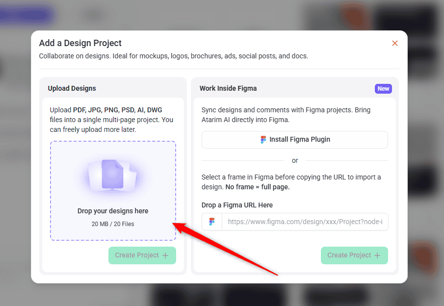 The Add a Design Project window, with an upload drop zone and a Figma panel