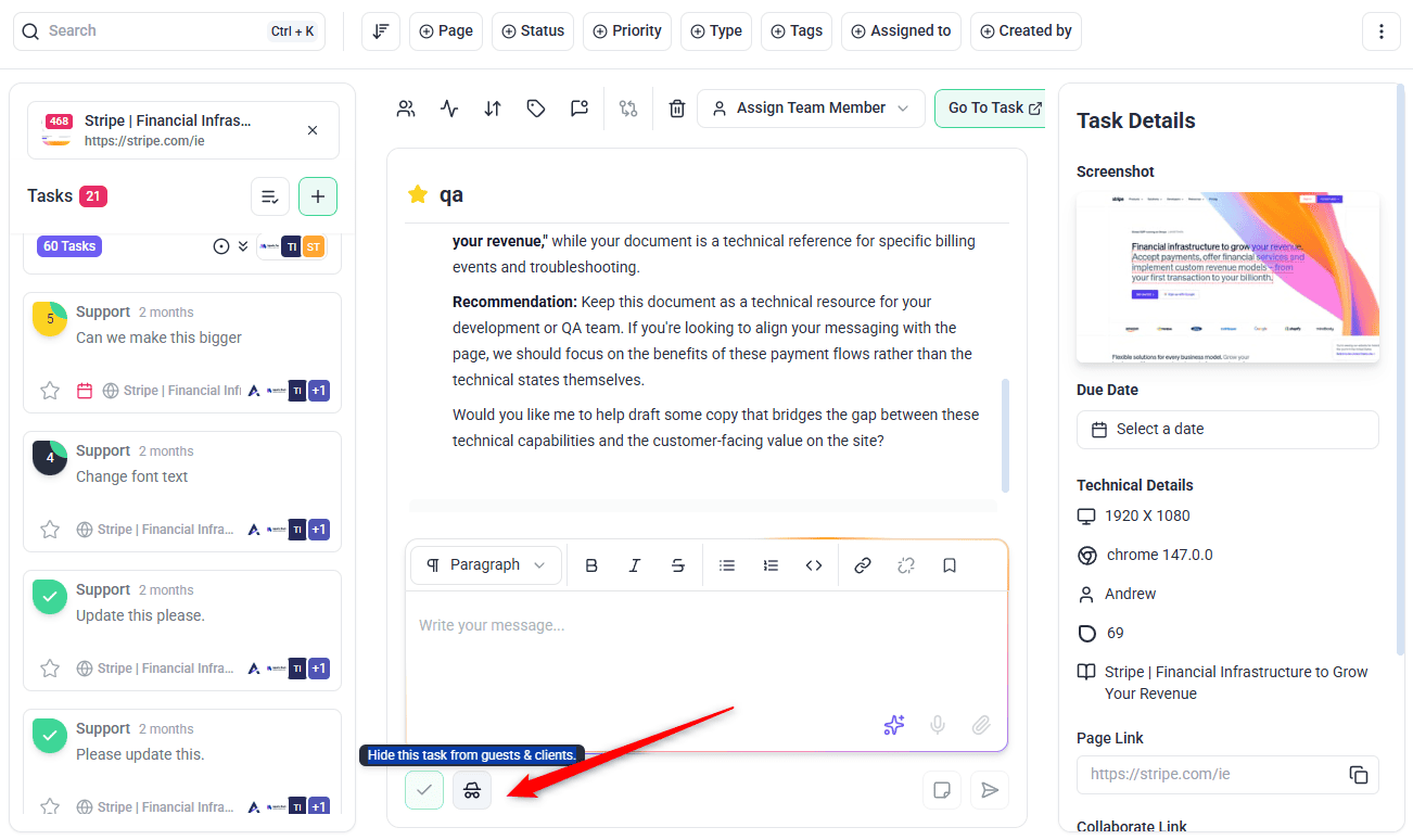 Toggle beside the send controls making a task internal