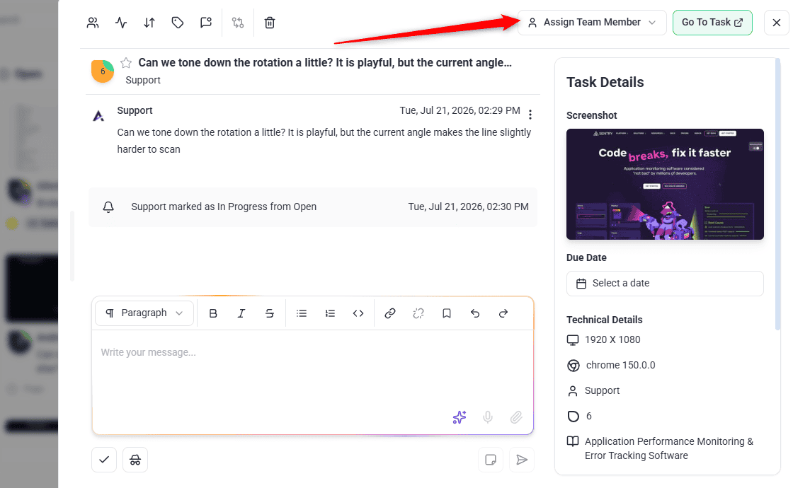 Assigning a task to a team member from a task card on the Atarim Boards screen