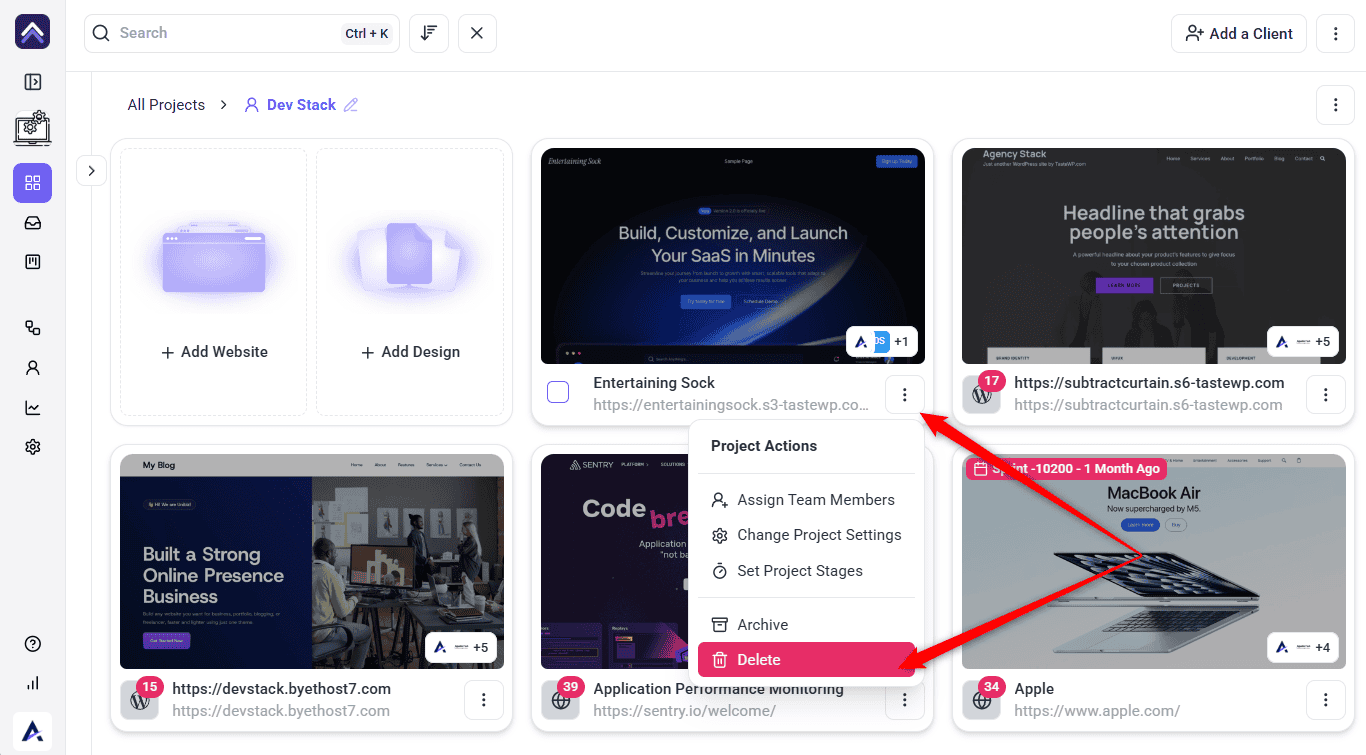Folder view with the project card menu expanded