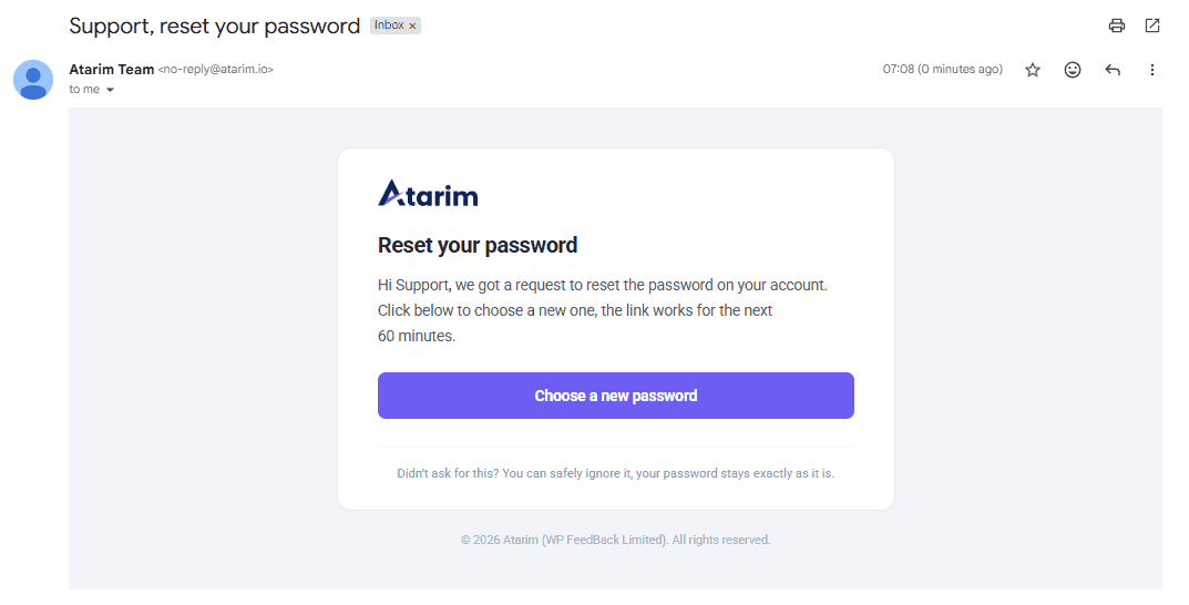 Recovery email containing a secure reset link
