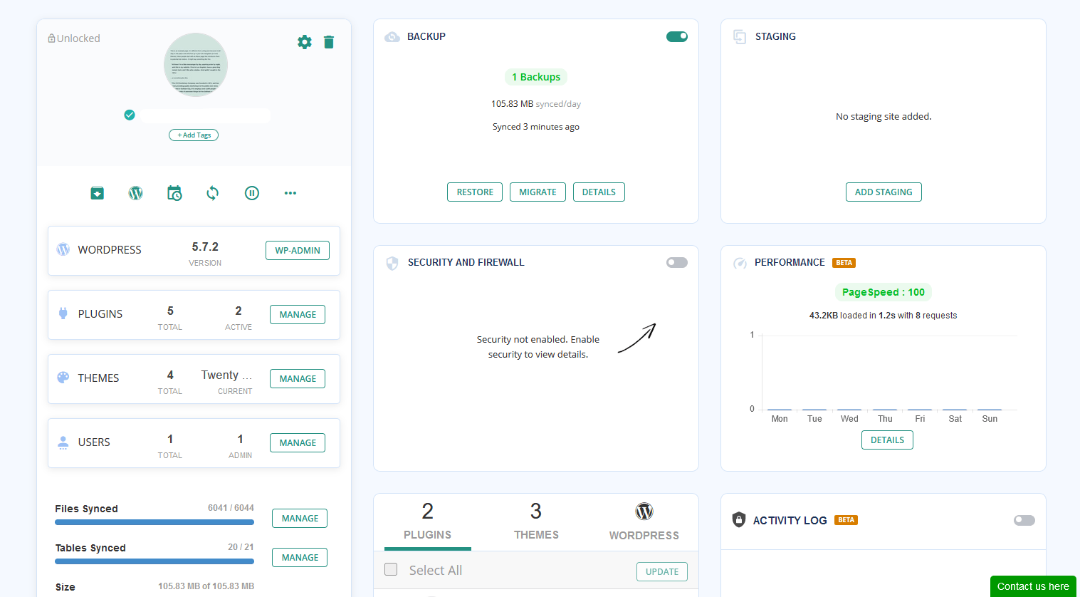 BlogVault dashboard