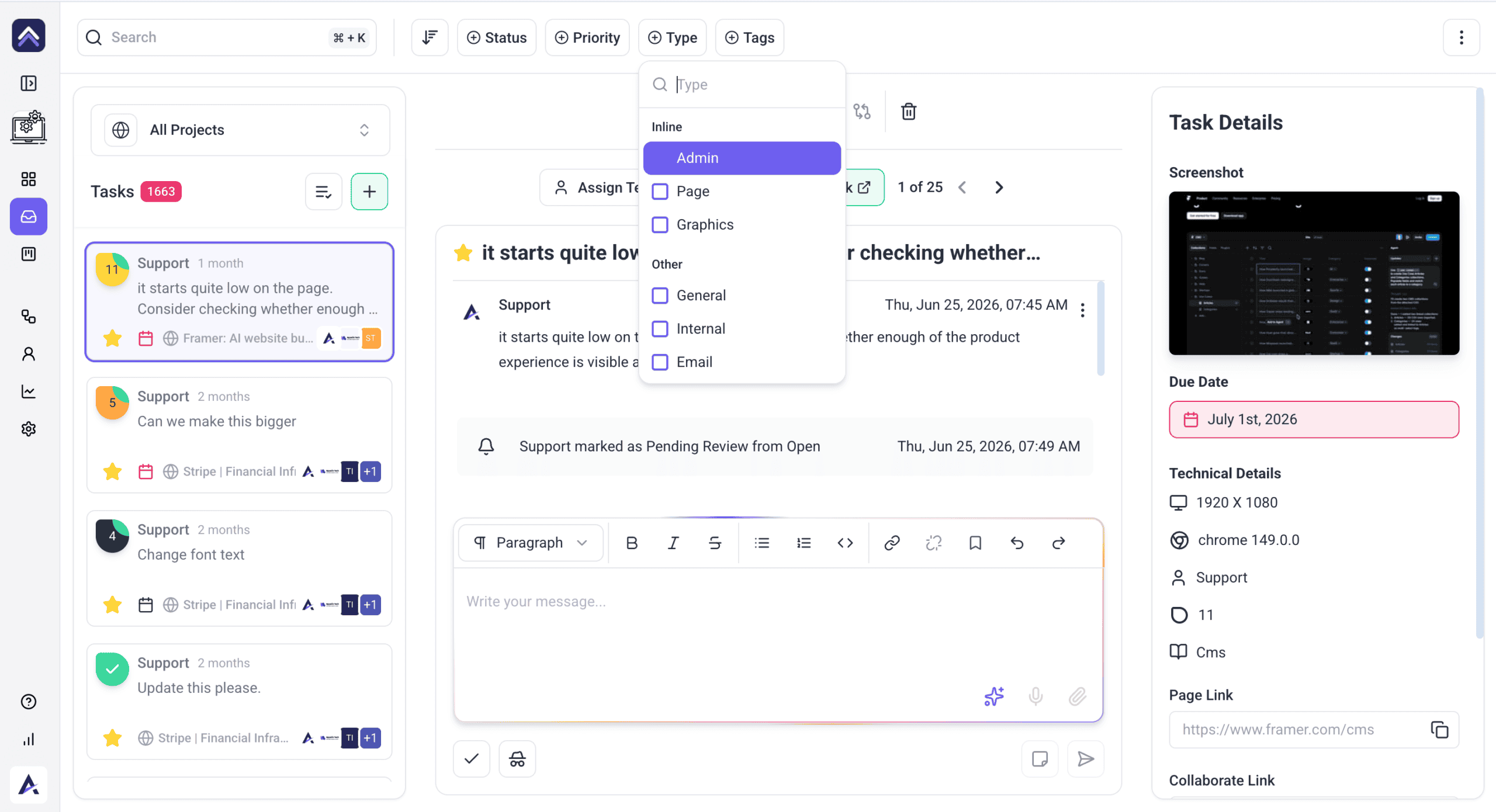 Task type filter in the Inbox