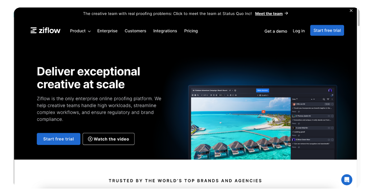 Ziflow creative review tool dashboard showcasing multimedia project feedback and approval workflows.