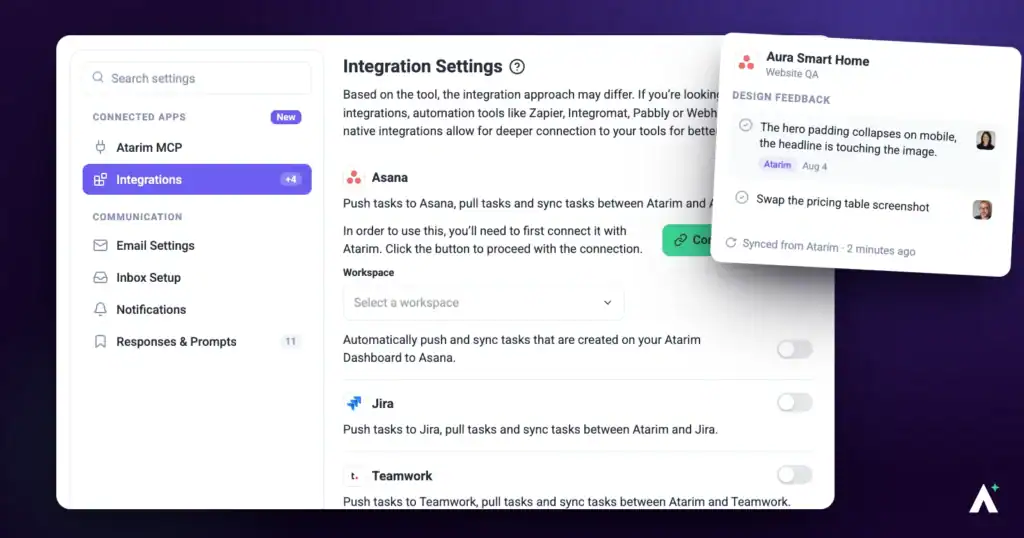 Atarim integration settings with Asana connected, beside an Asana task list synced from Atarim
