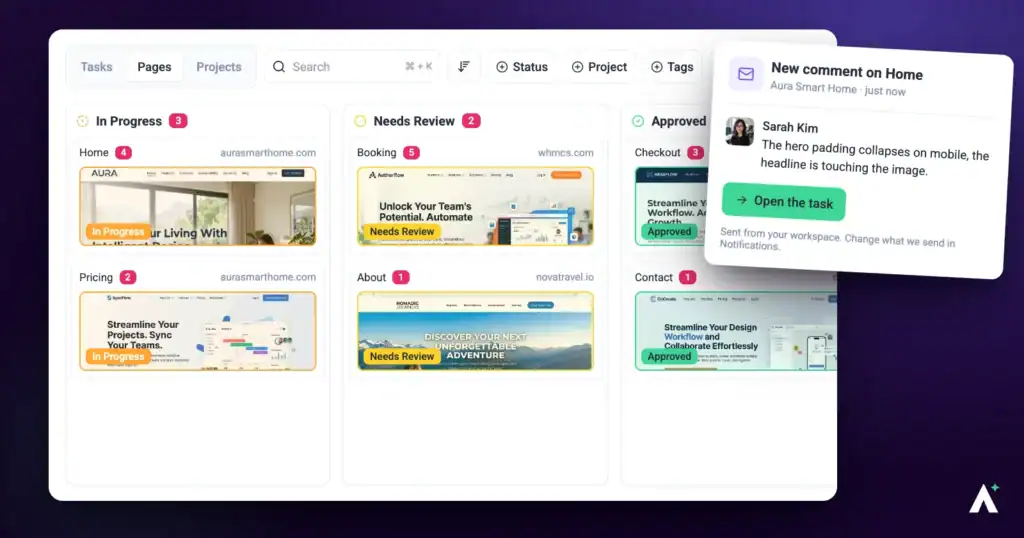 Atarim Pages board with In Progress, Needs Review and Approved columns, beside a new comment notification card