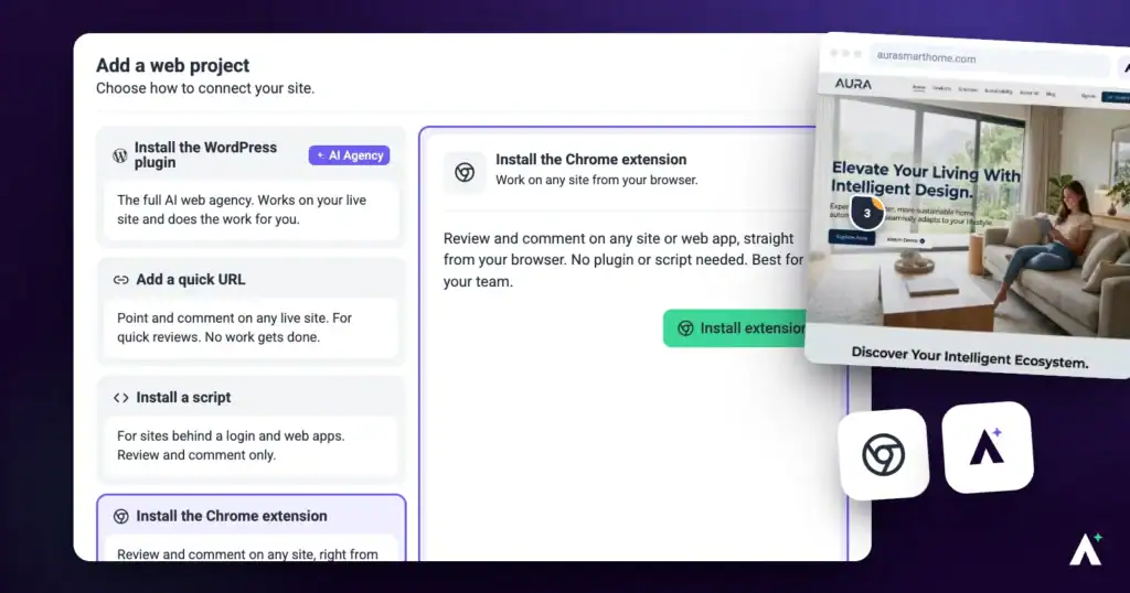 Atarim Add a web project dialog with the Chrome extension option selected