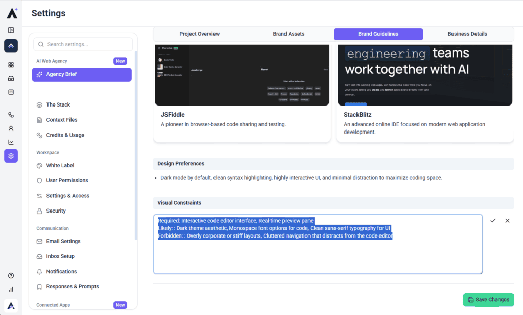Design preferences and visual constraints being edited inline