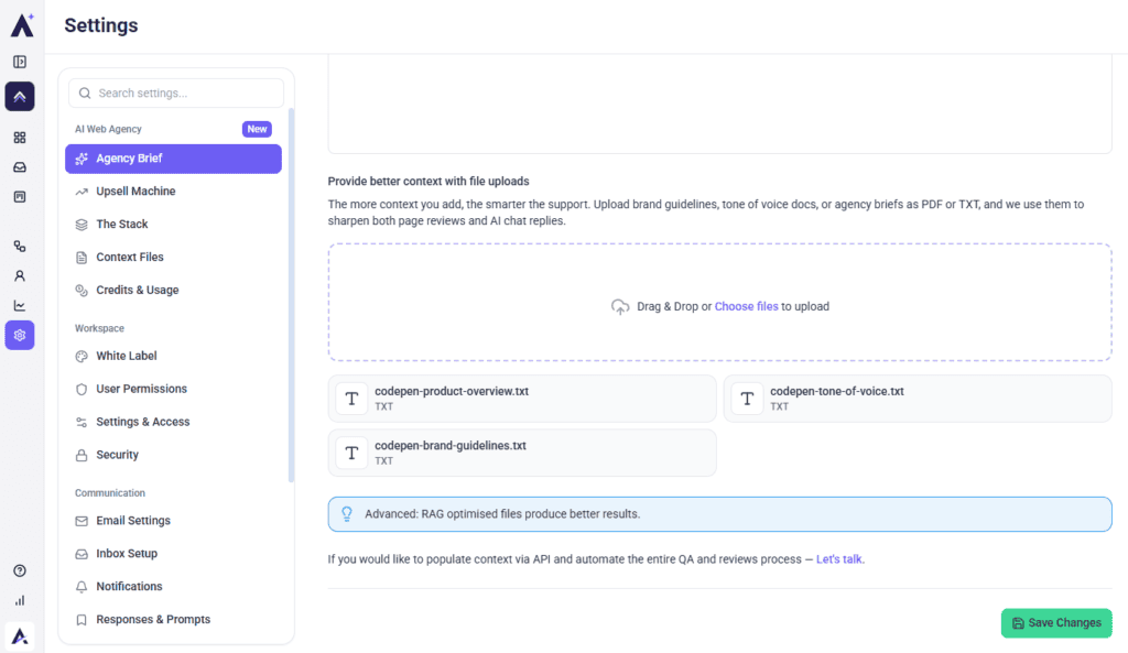 Context Files section inside the Advanced Brief