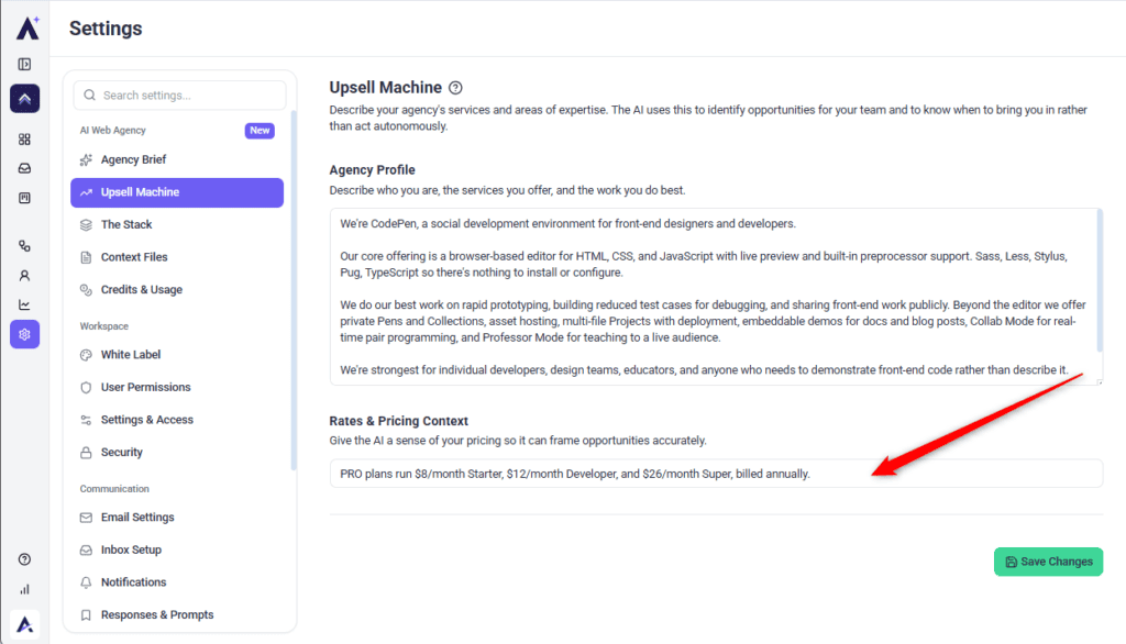 Rates and Pricing Context field filled in with plan pricing