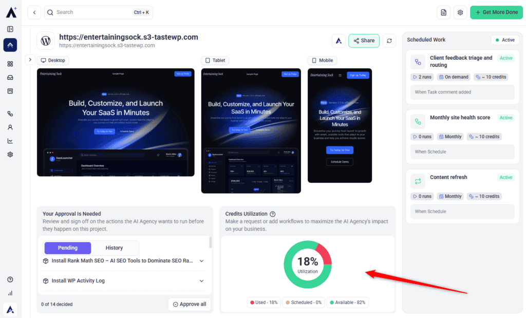 Credits Utilization panel on a project dashboard with a usage donut