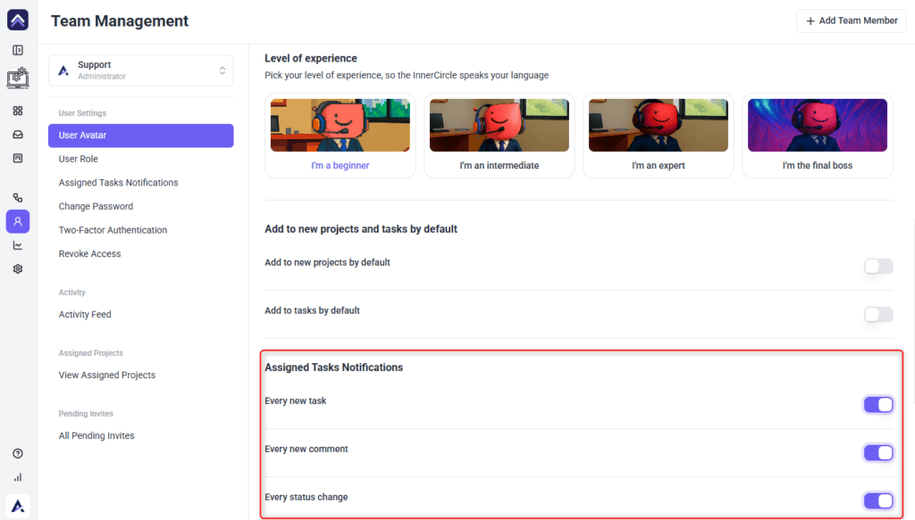 The Assigned Tasks Notifications section showing three per-person switches