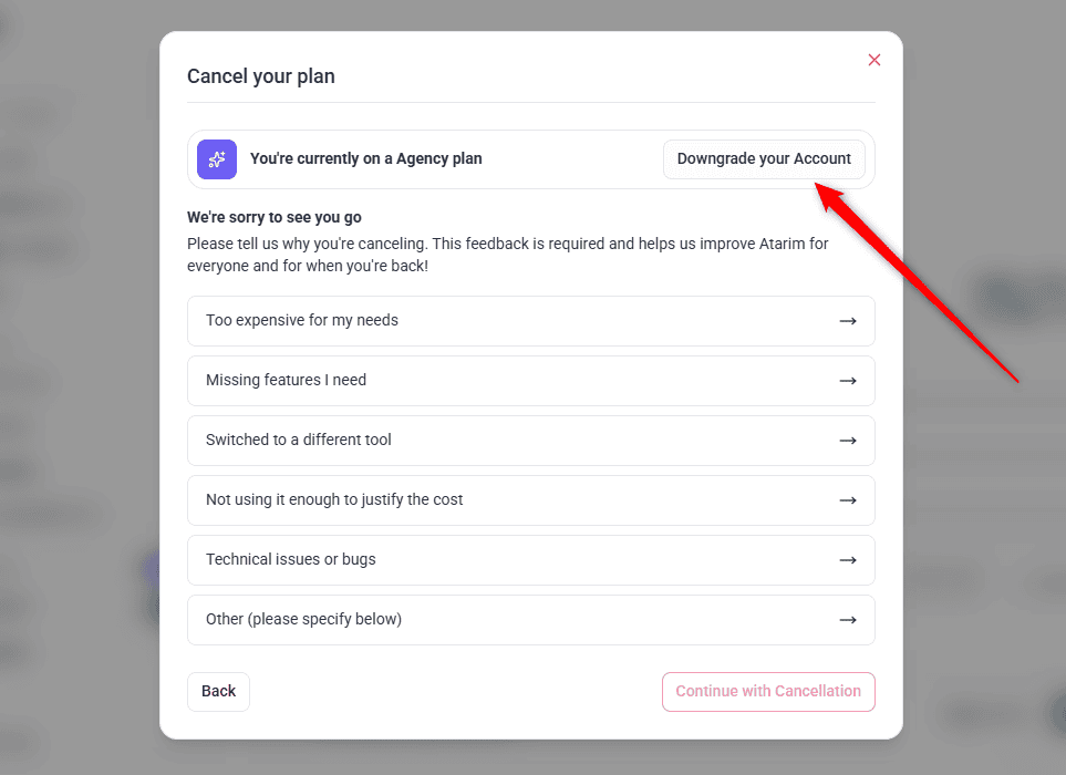 Downgrade your Account banner at the top of the cancellation modal