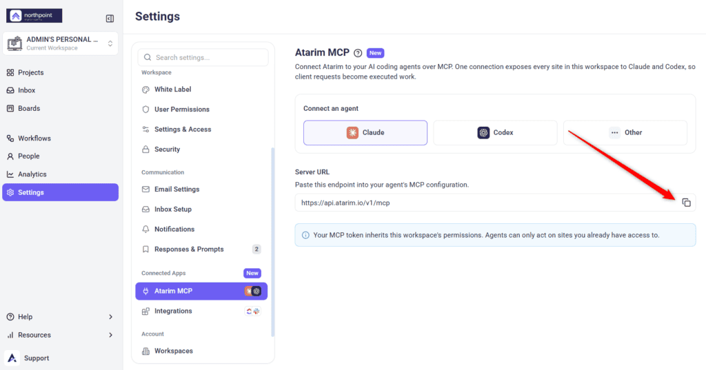 Atarim MCP server URL shown with a copy control