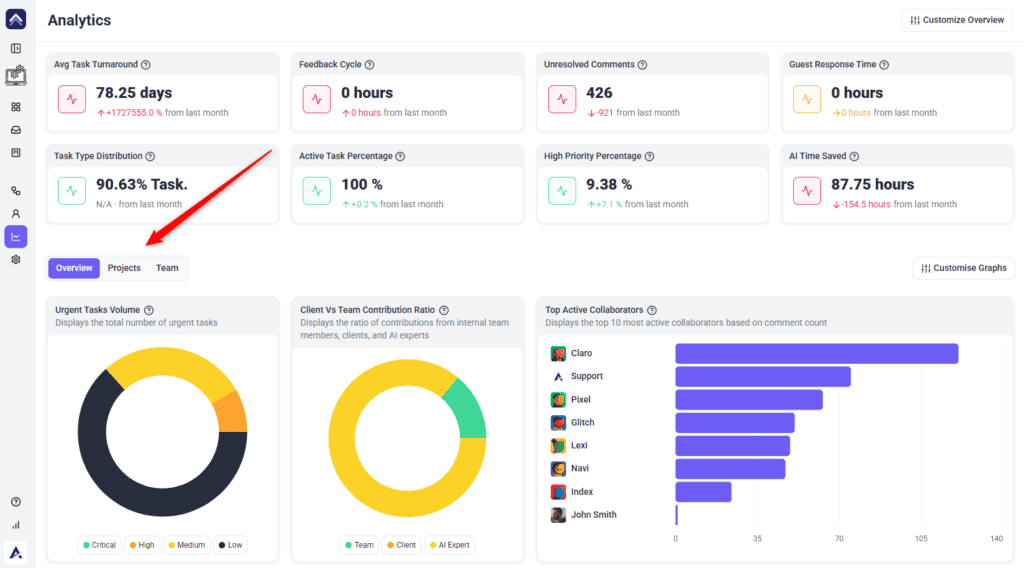 Analytics tab row with Overview, Projects and Team