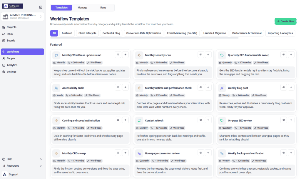 Workflows screen open on the Templates tab