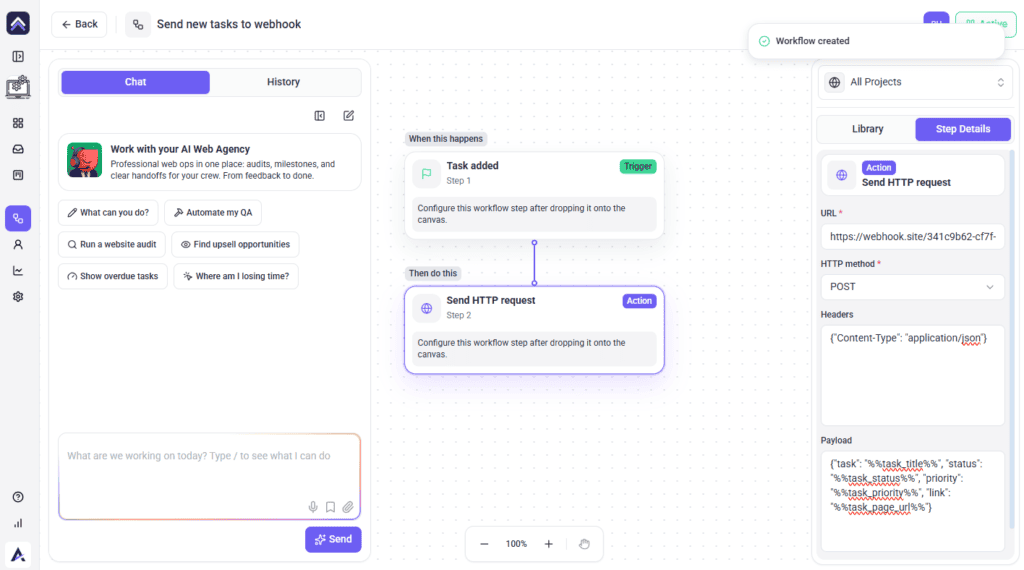 Webhook step configured with a dynamic payload