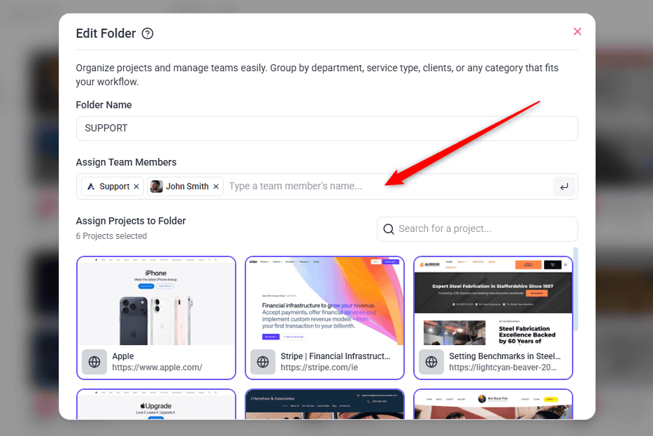 Saving folder settings in Atarim to apply team member access