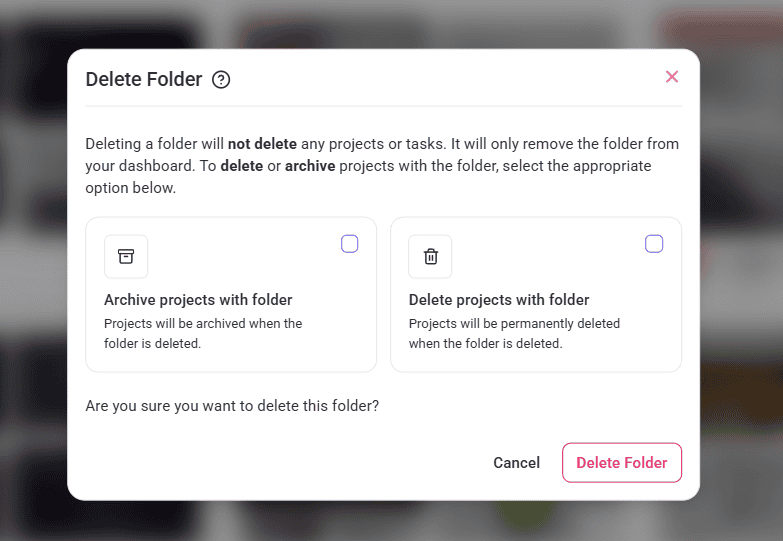 Folder deletion notice explaining projects are kept