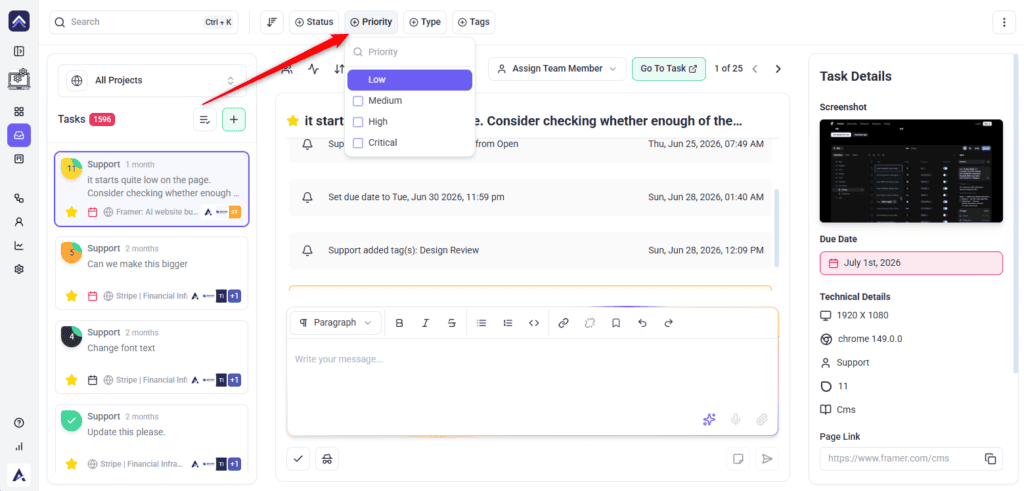 The Atarim task list narrowed by status and priority