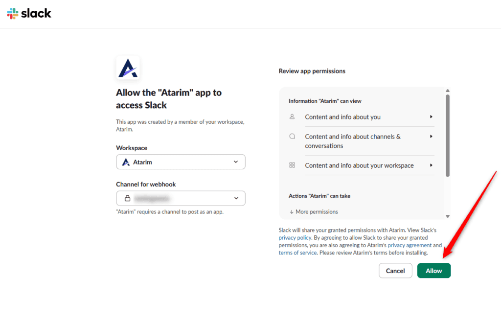 The Channel for webhook field on the Slack authorisation page