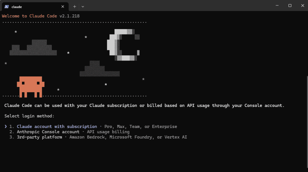 Claude Code login screen offering subscription, Console account, or third-party sign-in