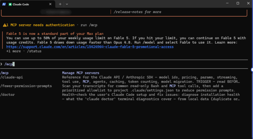 Claude Code warning that one MCP server needs authentication