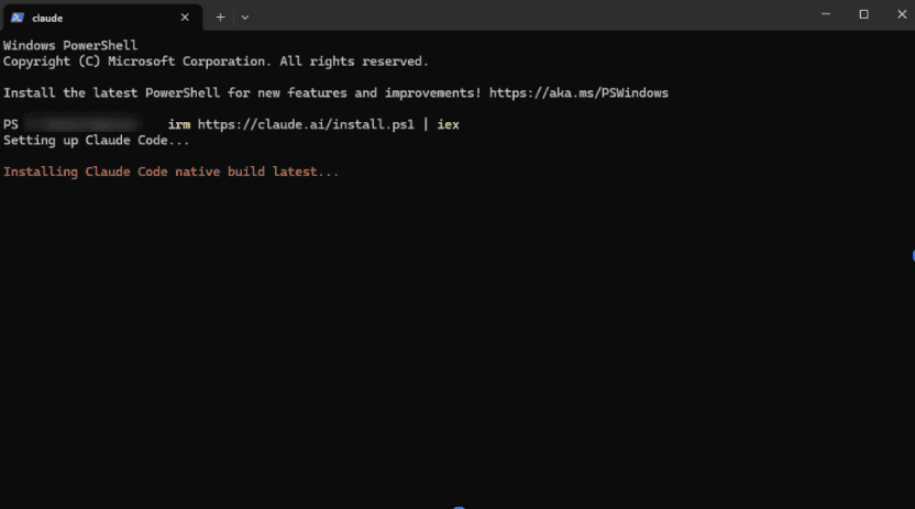 PowerShell running the Claude Code native installer
