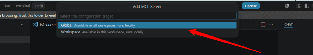 VS Code prompt to select the configuration target, offering Global or Workspace
