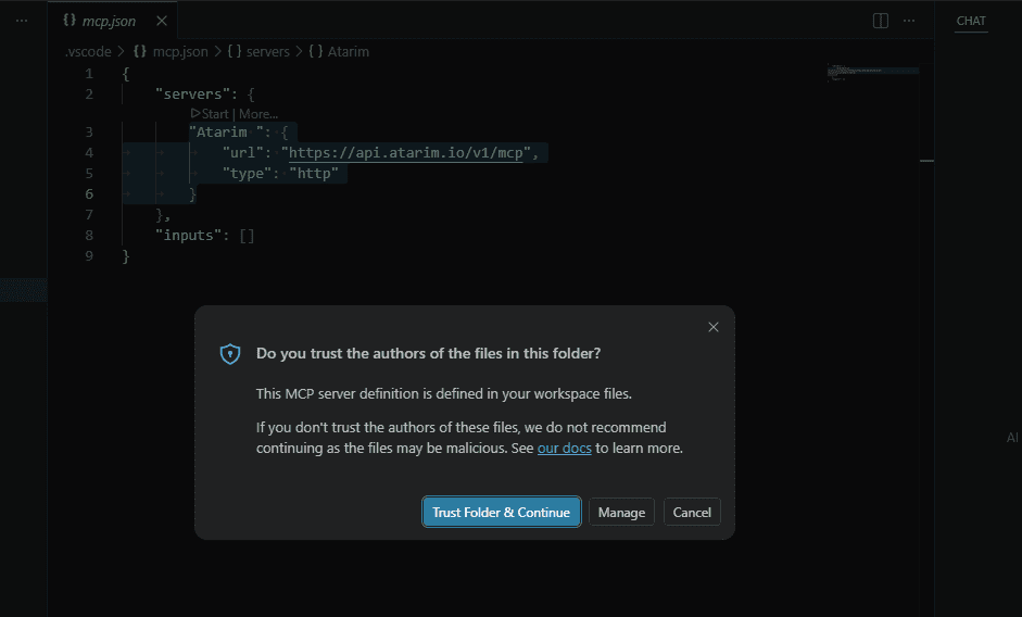 VS Code mcp.json showing the Atarim HTTP server, with a folder-trust dialog open