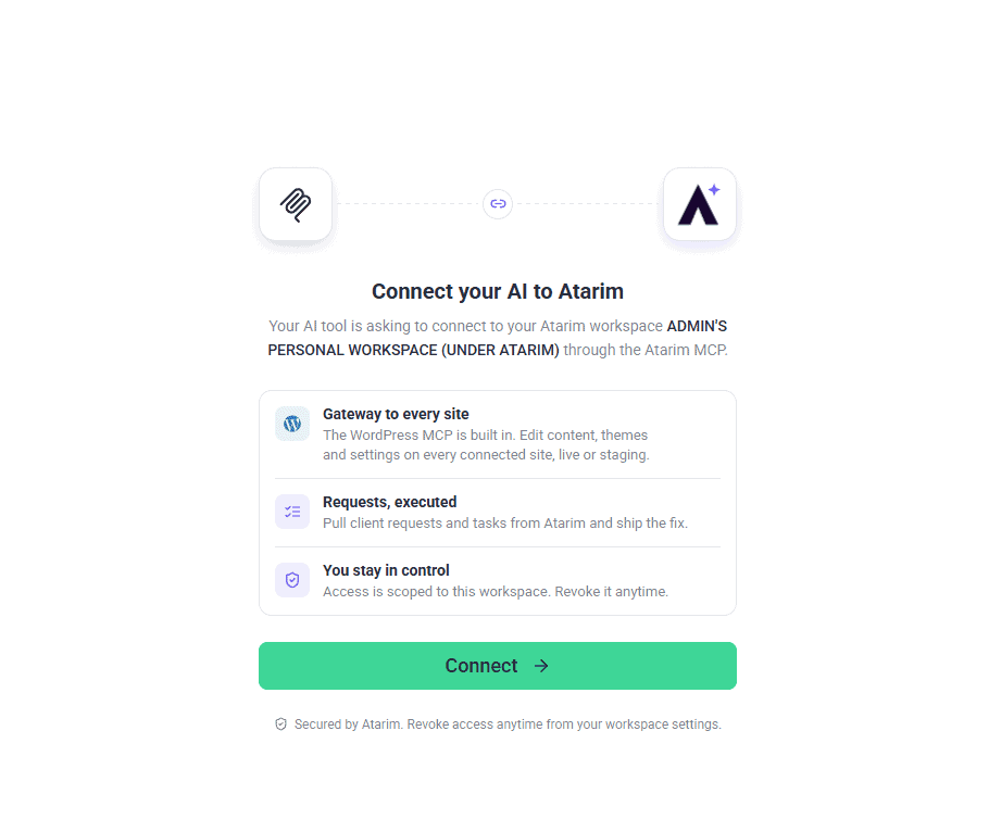 Atarim approval page headed Connect your AI to Atarim, with a Connect button