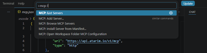 VS Code editor showing an open mcp.json configuration file with an Atarim MCP entry