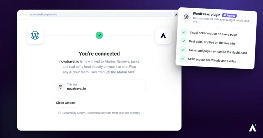 The Atarim WordPress plugin connected, with its capabilities listed