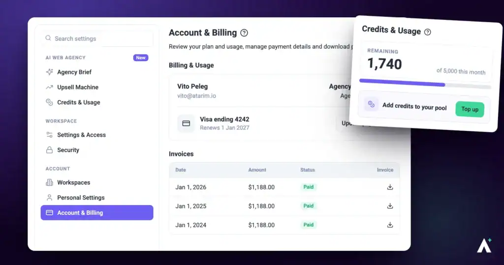 Atarim account and billing settings with the plan and invoices
